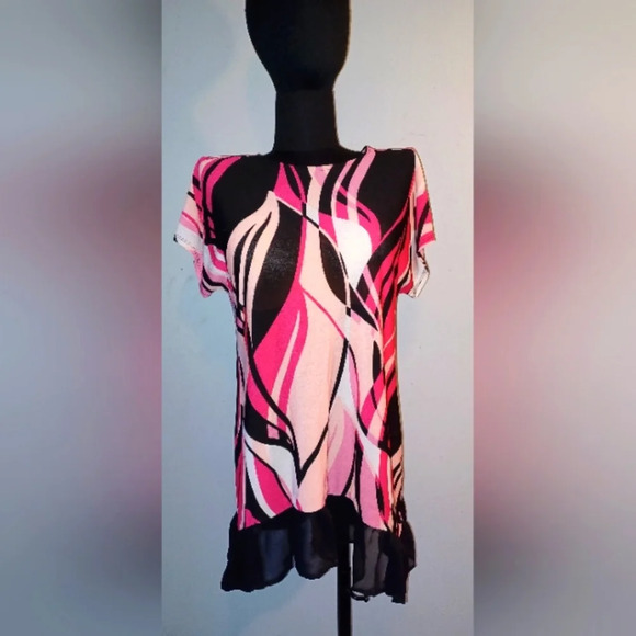 🍒 Est 1946 Pink Black Road to Rio Ruffle Hem Blouse - Picture 1 of 5